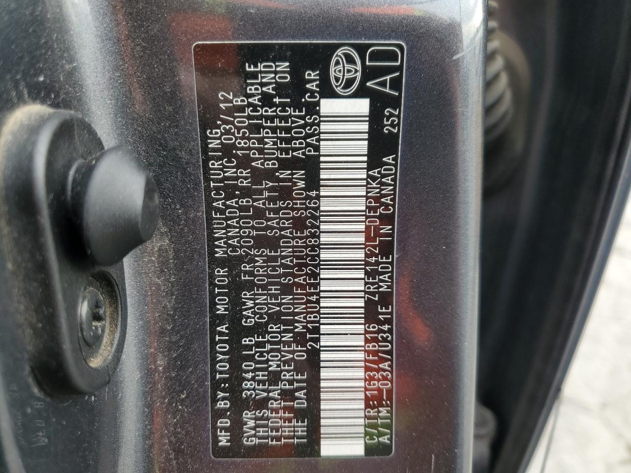 2012 Toyota Corolla Base VIN: 2T1BU4EE2CC832264 Lot: 85704244