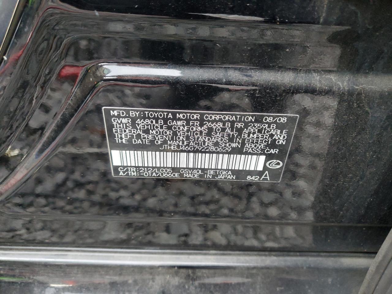 2009 Lexus Es 350 VIN: JTHBJ46G792280629 Lot: 83423064