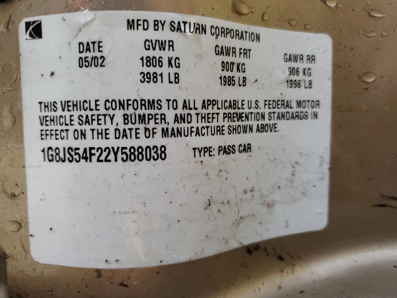 2002 Saturn L100 VIN: 1G8JS54F22Y588038 Lot: 82722394