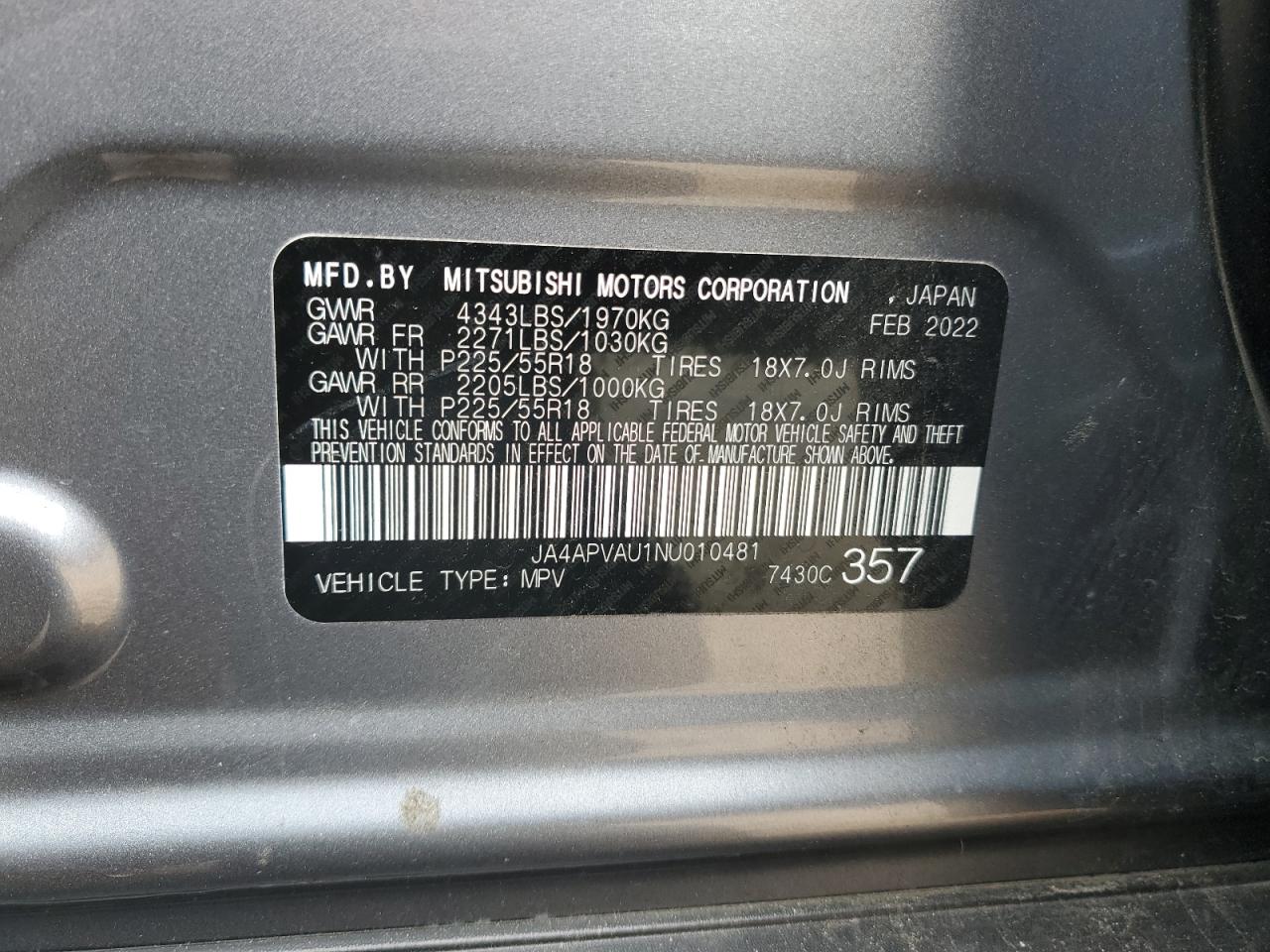 2022 Mitsubishi Outlander Sport Se VIN: JA4APVAU1NU010481 Lot: 84594044