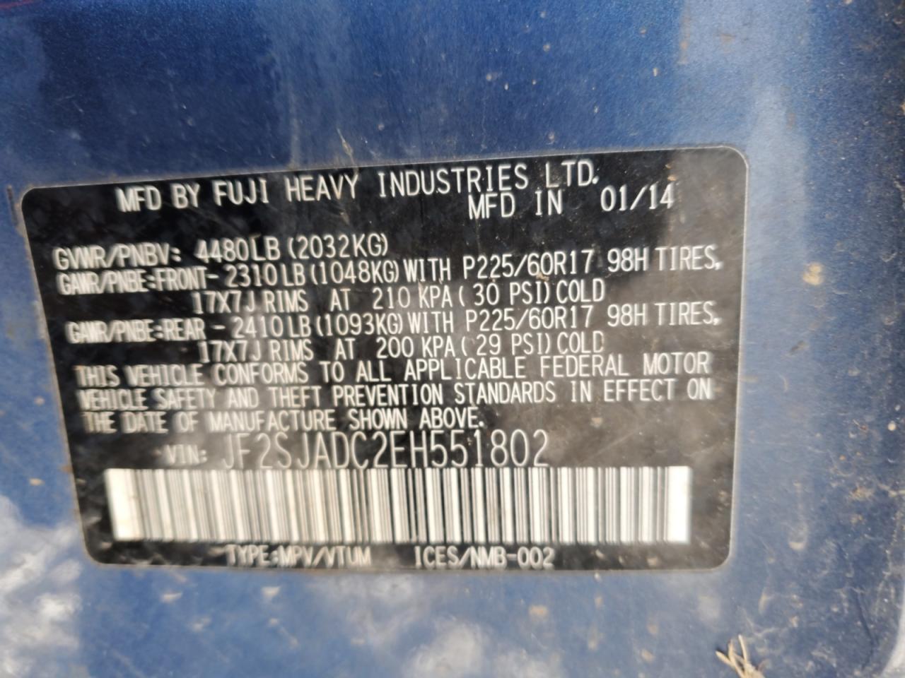 2014 Subaru Forester 2.5I Premium VIN: JF2SJADC2EH551802 Lot: 85860504