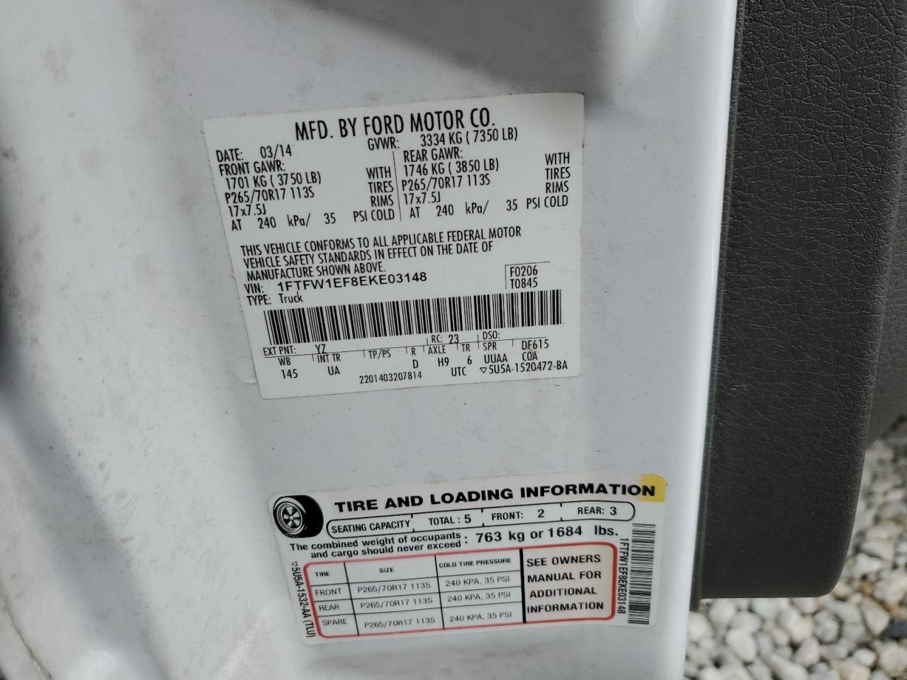 2014 Ford F150 Supercrew VIN: 1FTFW1EF8EKE03148 Lot: 83460904