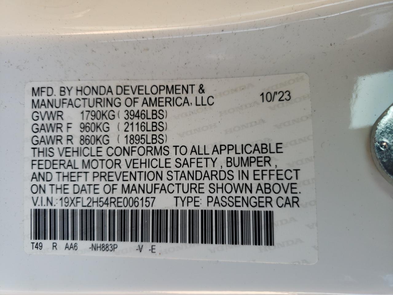 VIN 19XFL2H54RE006157 2024 HONDA CIVIC no.12