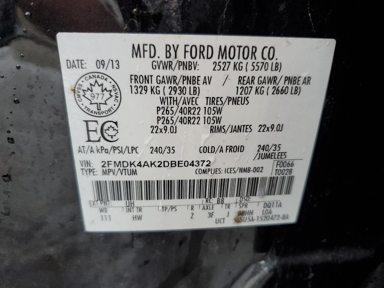 2013 Ford Edge Sport VIN: 2FMDK4AK2DBE04372 Lot: 83844964