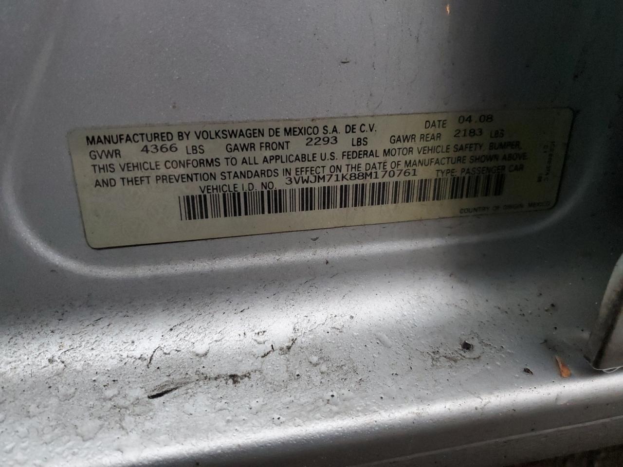 2008 Volkswagen Jetta S VIN: 3VWJM71K88M170761 Lot: 86743164