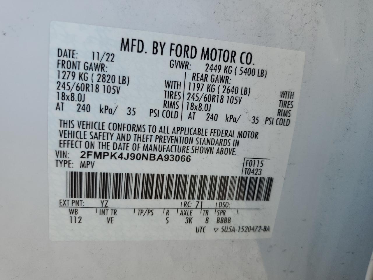 2022 Ford Edge Sel VIN: 2FMPK4J90NBA93066 Lot: 85576714