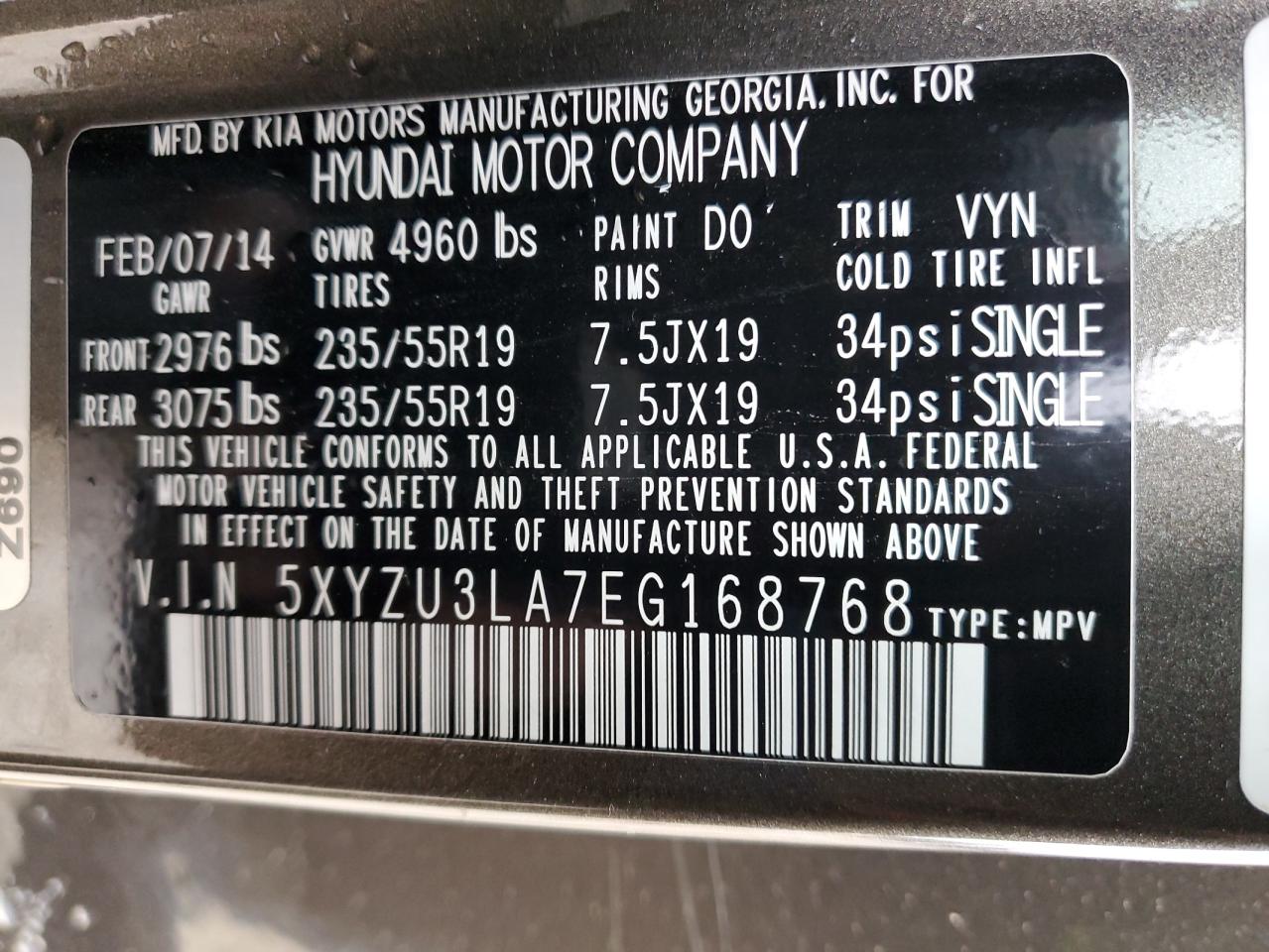 2014 Hyundai Santa Fe Sport VIN: 5XYZU3LA7EG168768 Lot: 86643474