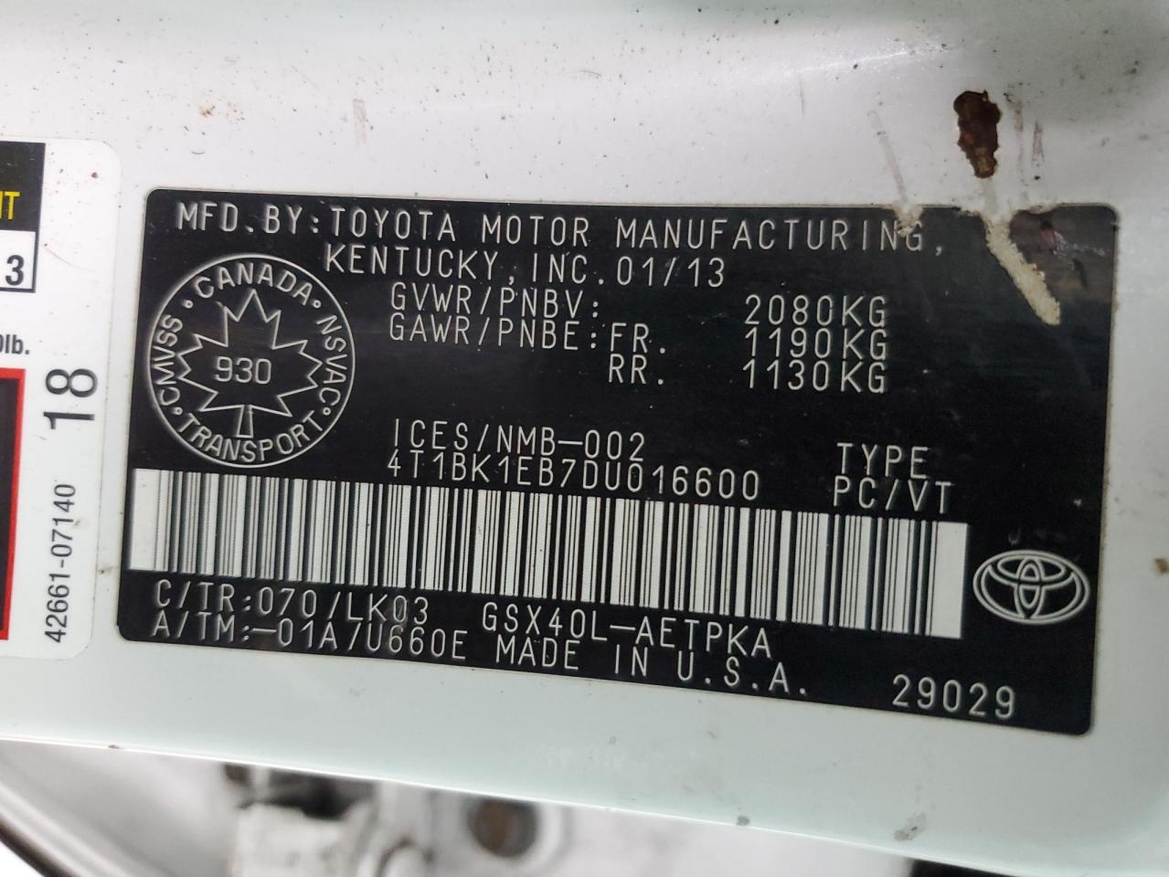 VIN 4T1BK1EB7DU016600 2013 TOYOTA AVALON no.12