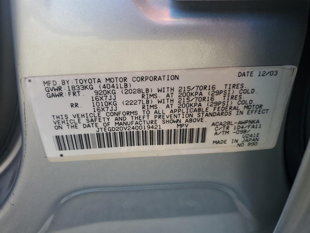 2004 Toyota Rav4 VIN: JTEGD20V240019421 Lot: 86188944