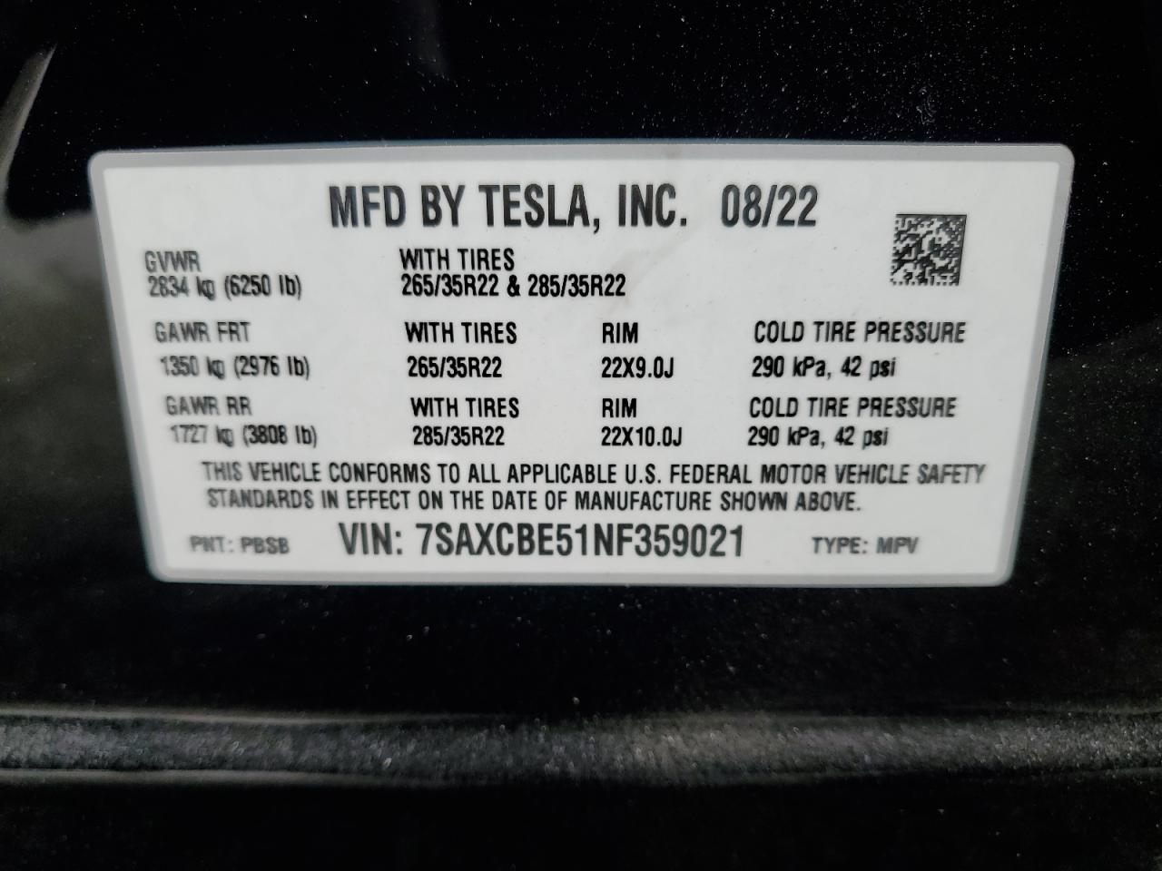 VIN 7SAXCBE51NF359021 2022 TESLA MODEL X no.14