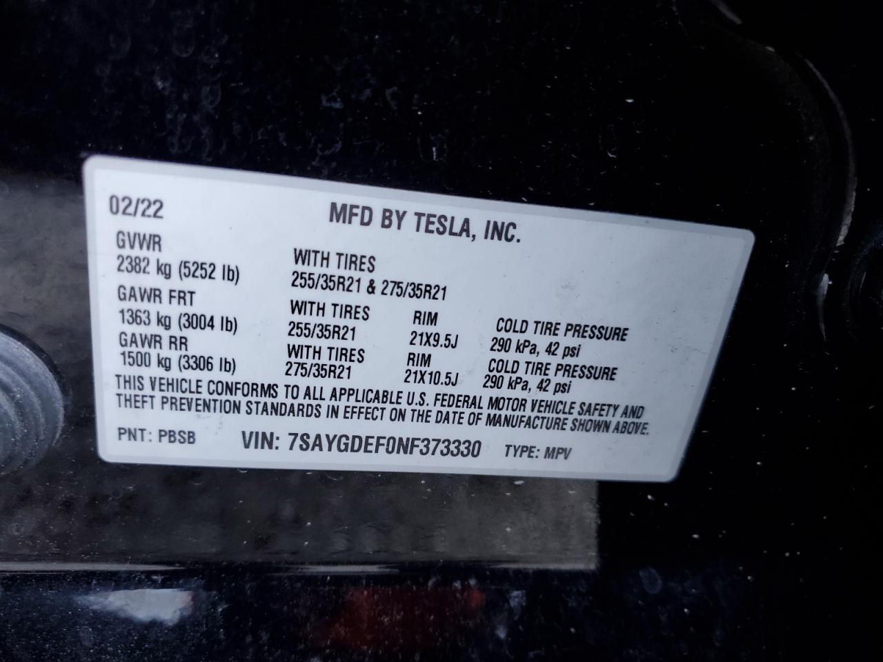 VIN 7SAYGDEF0NF373330 2022 TESLA MODEL Y no.13