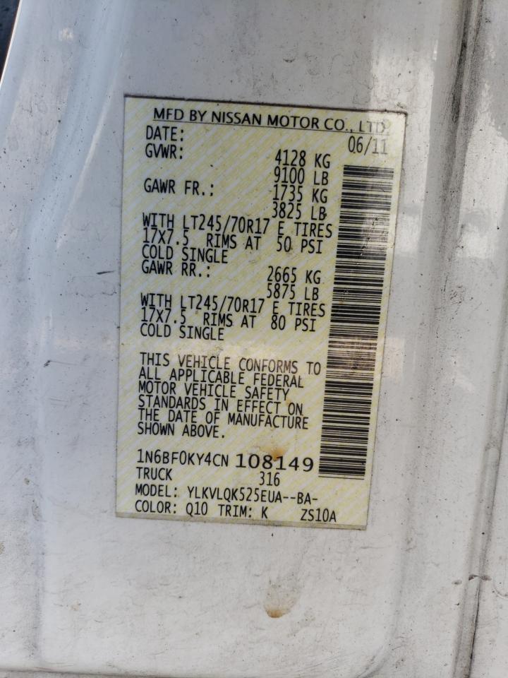 2012 Nissan Nv 1500 VIN: 1N6BF0KY4CN108149 Lot: 86834634
