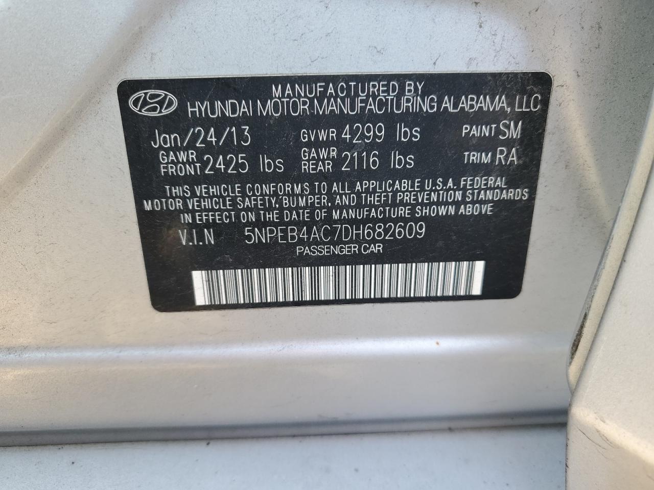 VIN 5NPEB4AC7DH682609 2013 HYUNDAI SONATA no.12