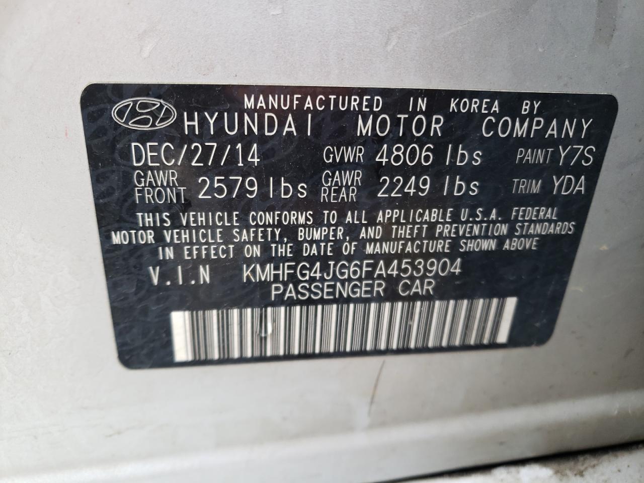 VIN KMHFG4JG6FA453904 2015 HYUNDAI AZERA no.13