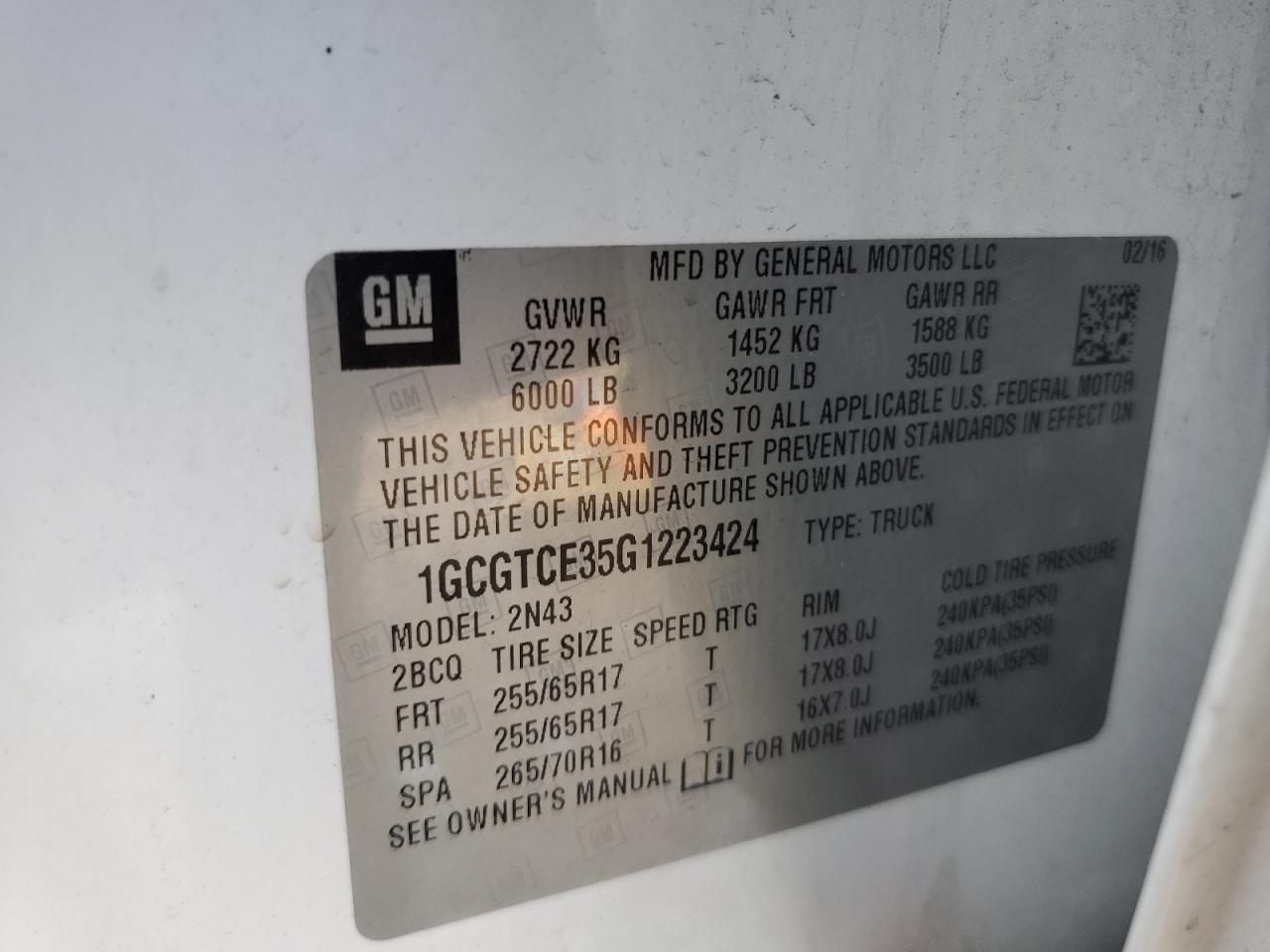 2016 Chevrolet Colorado Lt VIN: 1GCGTCE35G1223424 Lot: 85542044