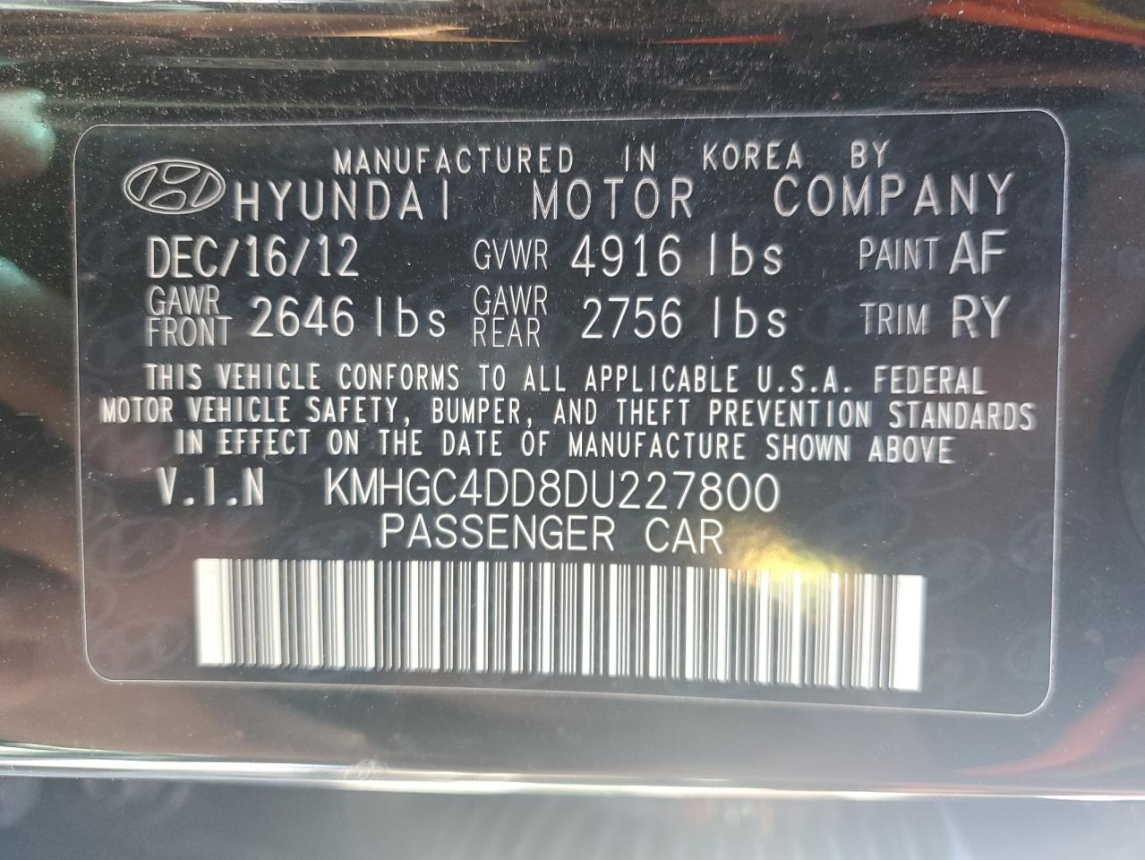 VIN KMHGC4DD8DU227800 2013 HYUNDAI GENESIS no.12