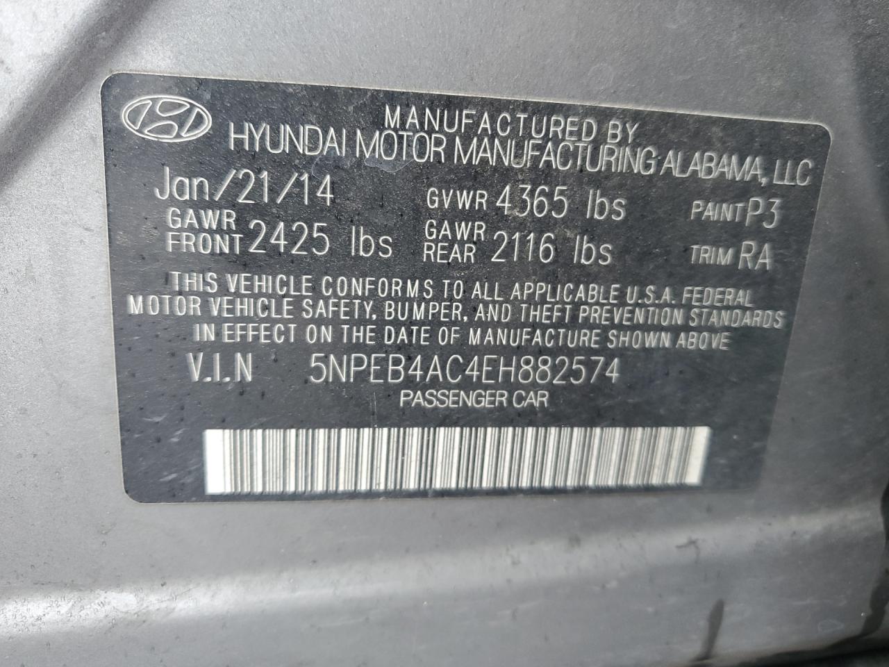 VIN 5NPEB4AC4EH882574 2014 HYUNDAI SONATA no.13