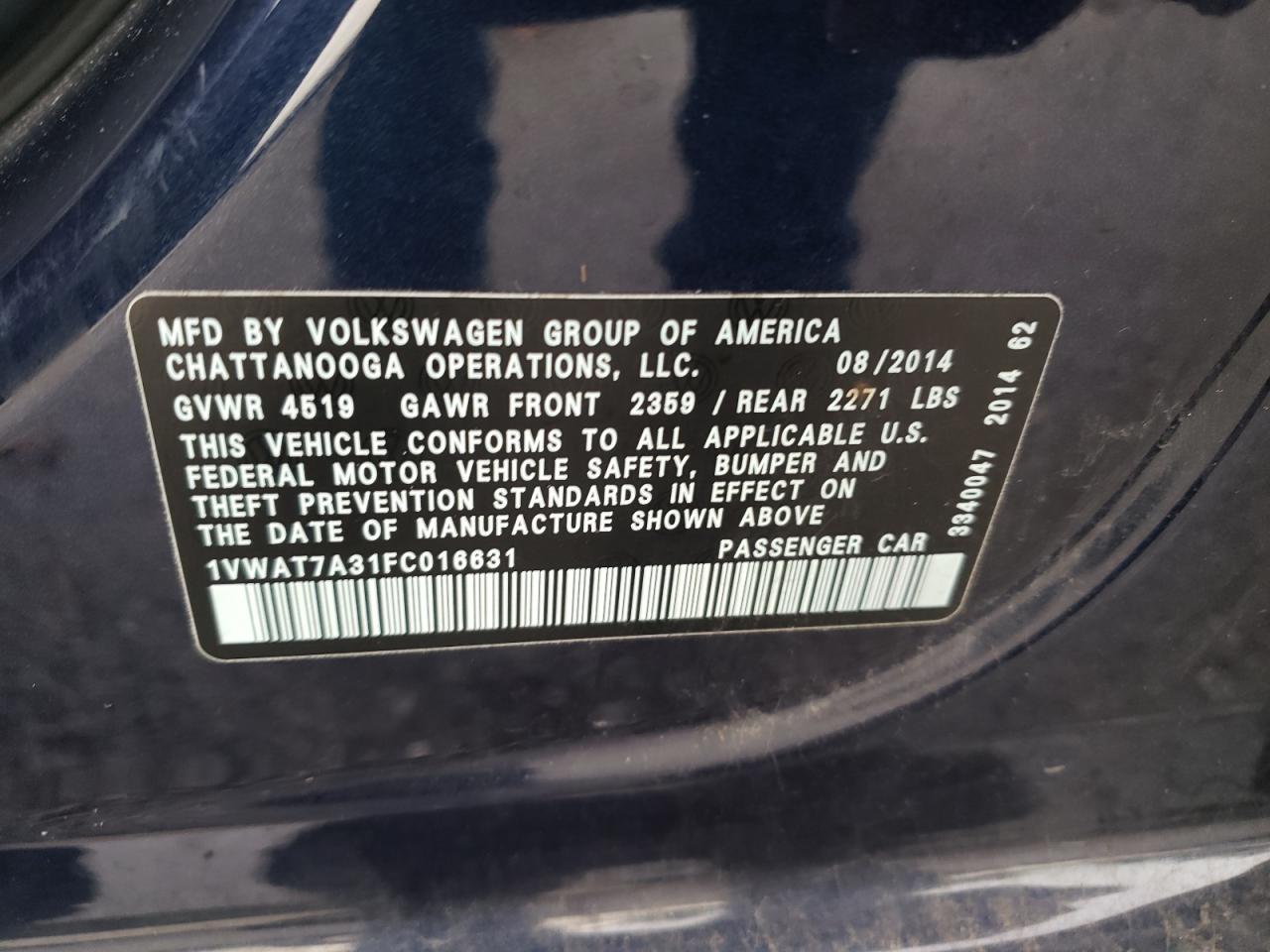 VIN 1VWAT7A31FC016631 2015 VOLKSWAGEN PASSAT no.13