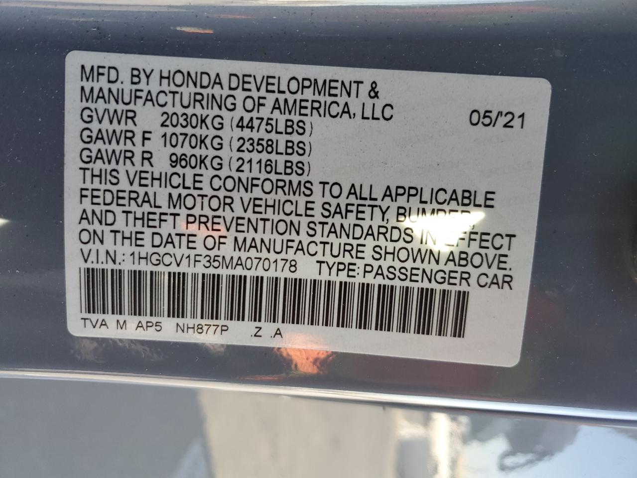 VIN 1HGCV1F35MA070178 2021 HONDA ACCORD no.12