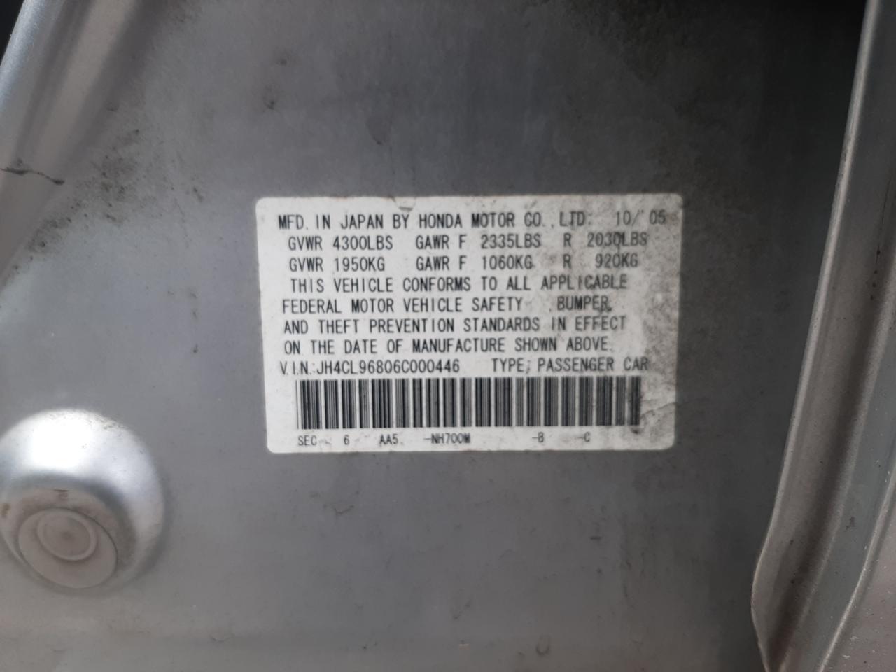 2006 Acura Tsx VIN: JH4CL96806C000446 Lot: 85247824