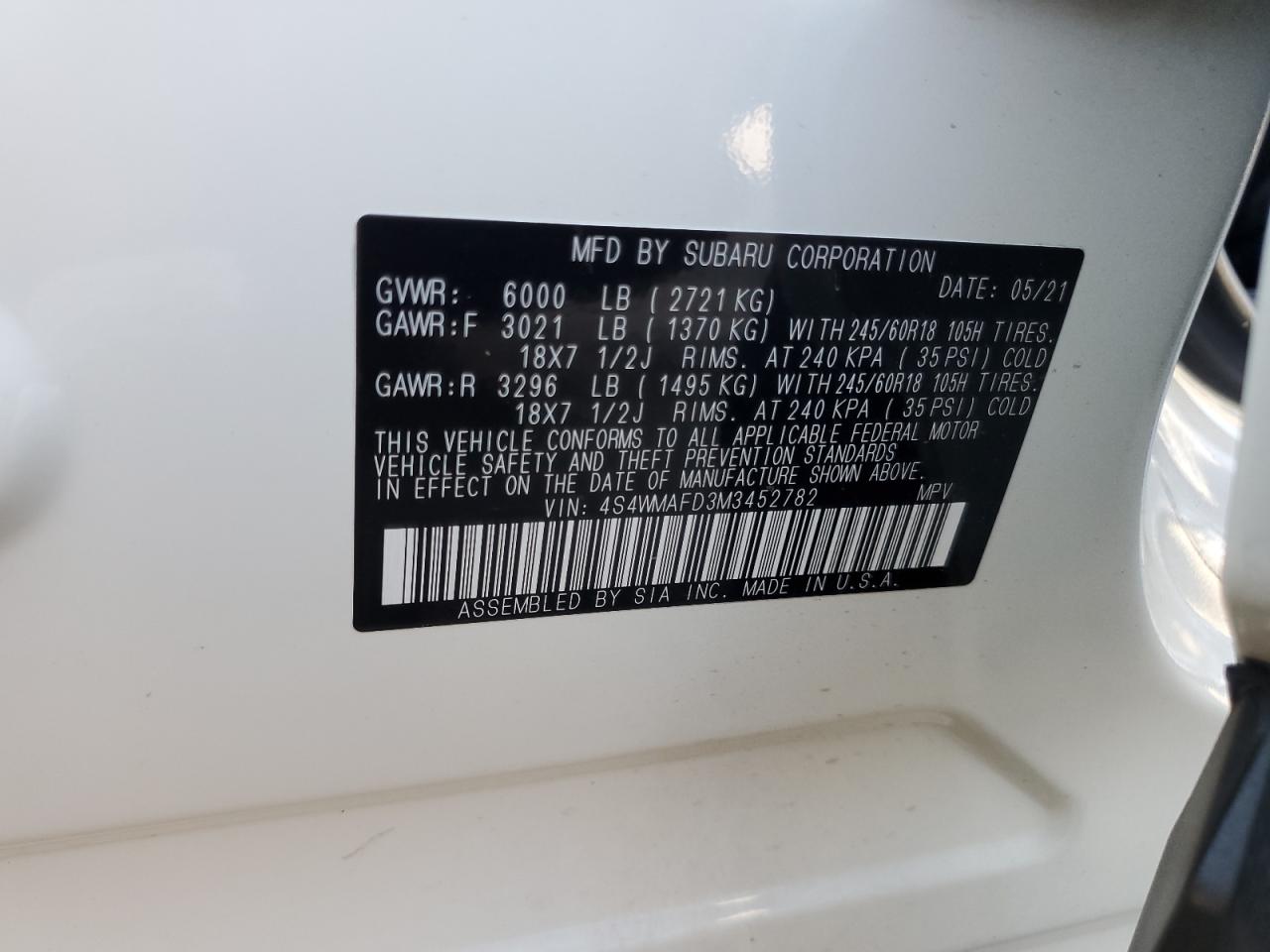 VIN 4S4WMAFD3M3452782 2021 SUBARU ASCENT no.14