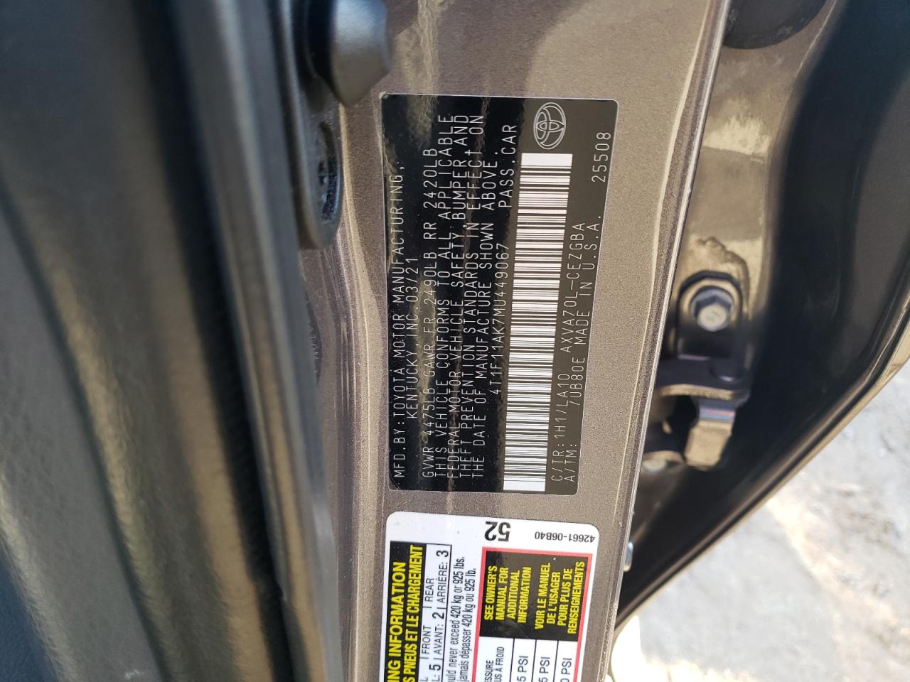 4T1F11AK7MU449067 2021 TOYOTA CAMRY - Image 12