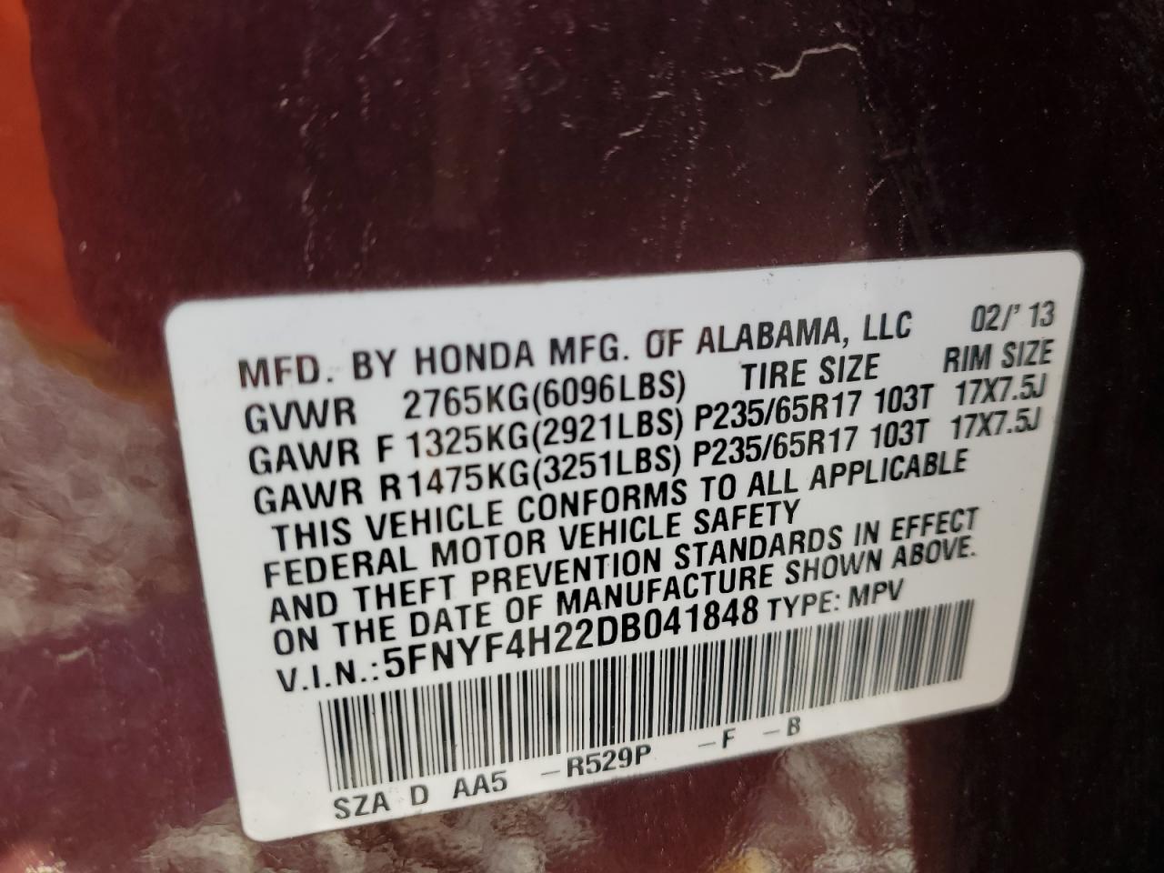 2013 Honda Pilot Lx VIN: 5FNYF4H22DB041848 Lot: 85425714