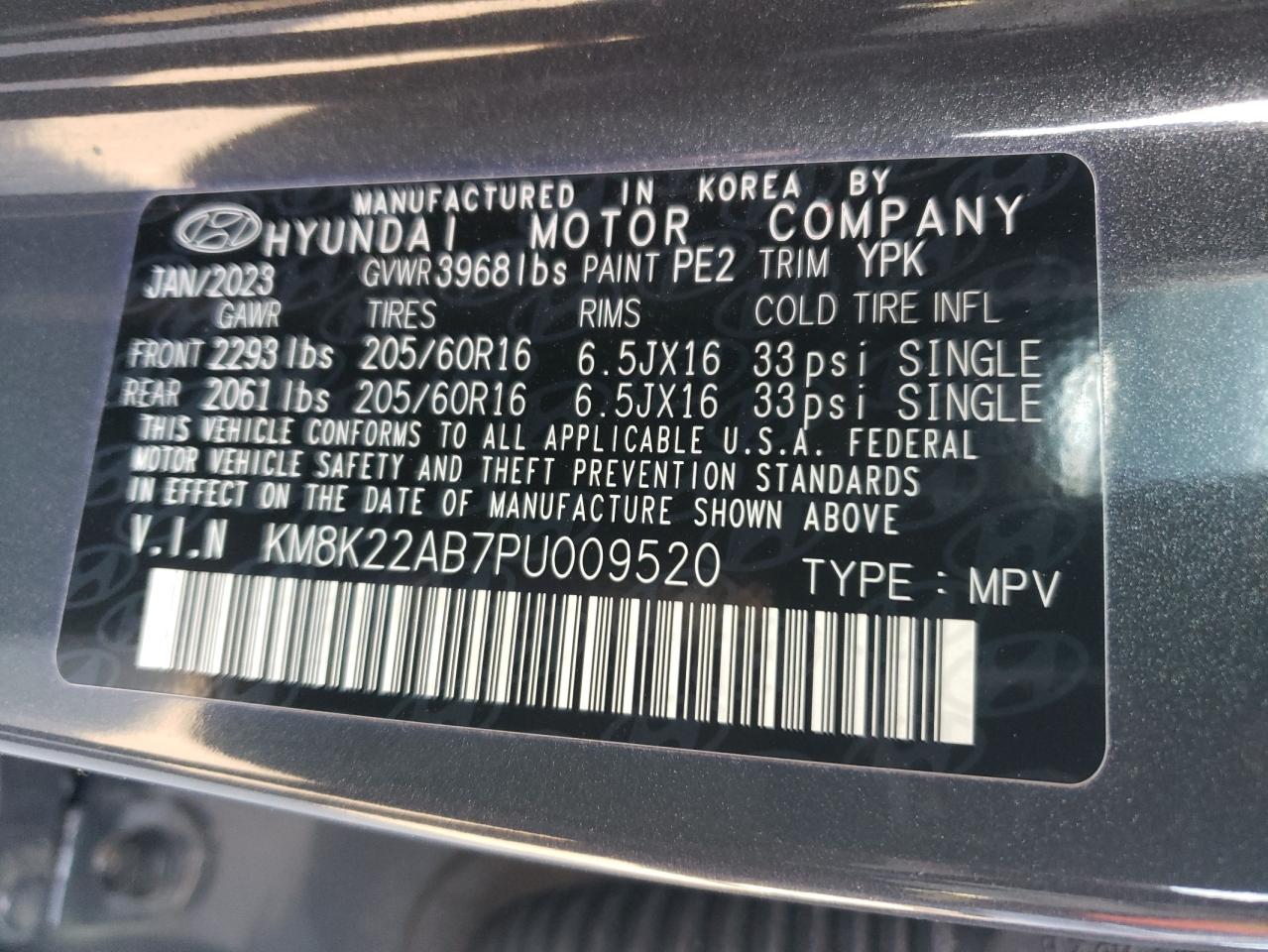 2023 Hyundai Kona Se VIN: KM8K22AB7PU009520 Lot: 83563934