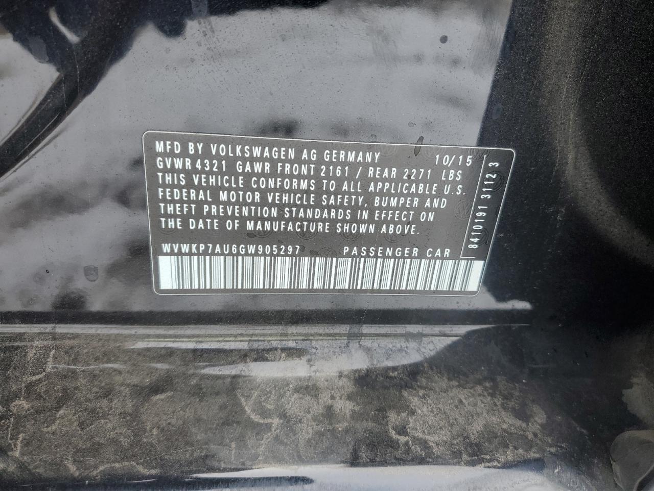 2016 Volkswagen E-Golf Se VIN: WVWKP7AU6GW905297 Lot: 84680314