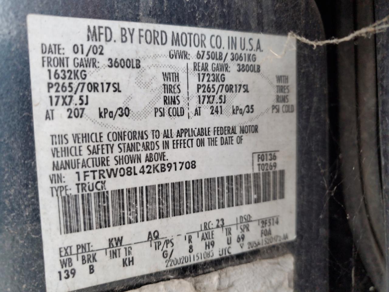 2002 Ford F150 Supercrew VIN: 1FTRW08L42KB91708 Lot: 79298424