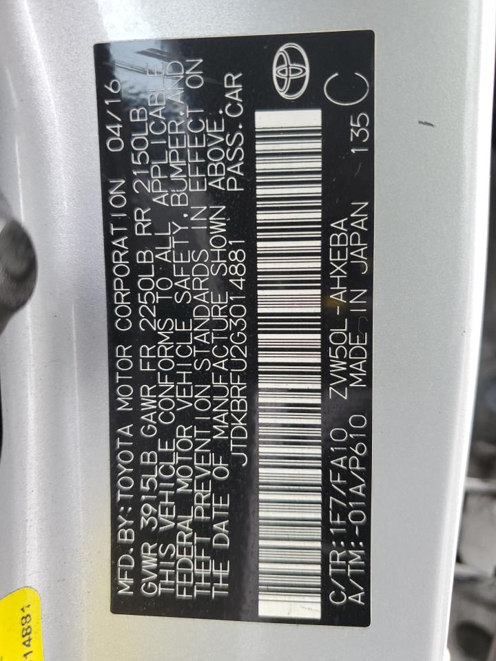 VIN JTDKBRFU2G3014881 2016 TOYOTA PRIUS no.12