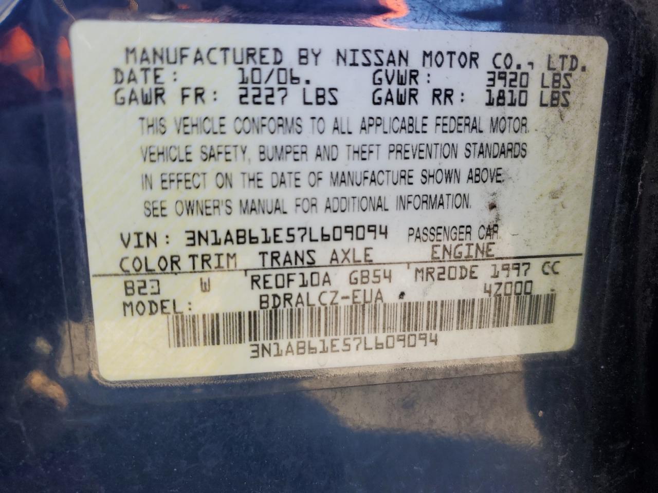 2007 Nissan Sentra 2.0 VIN: 3N1AB61E57L609094 Lot: 83631164