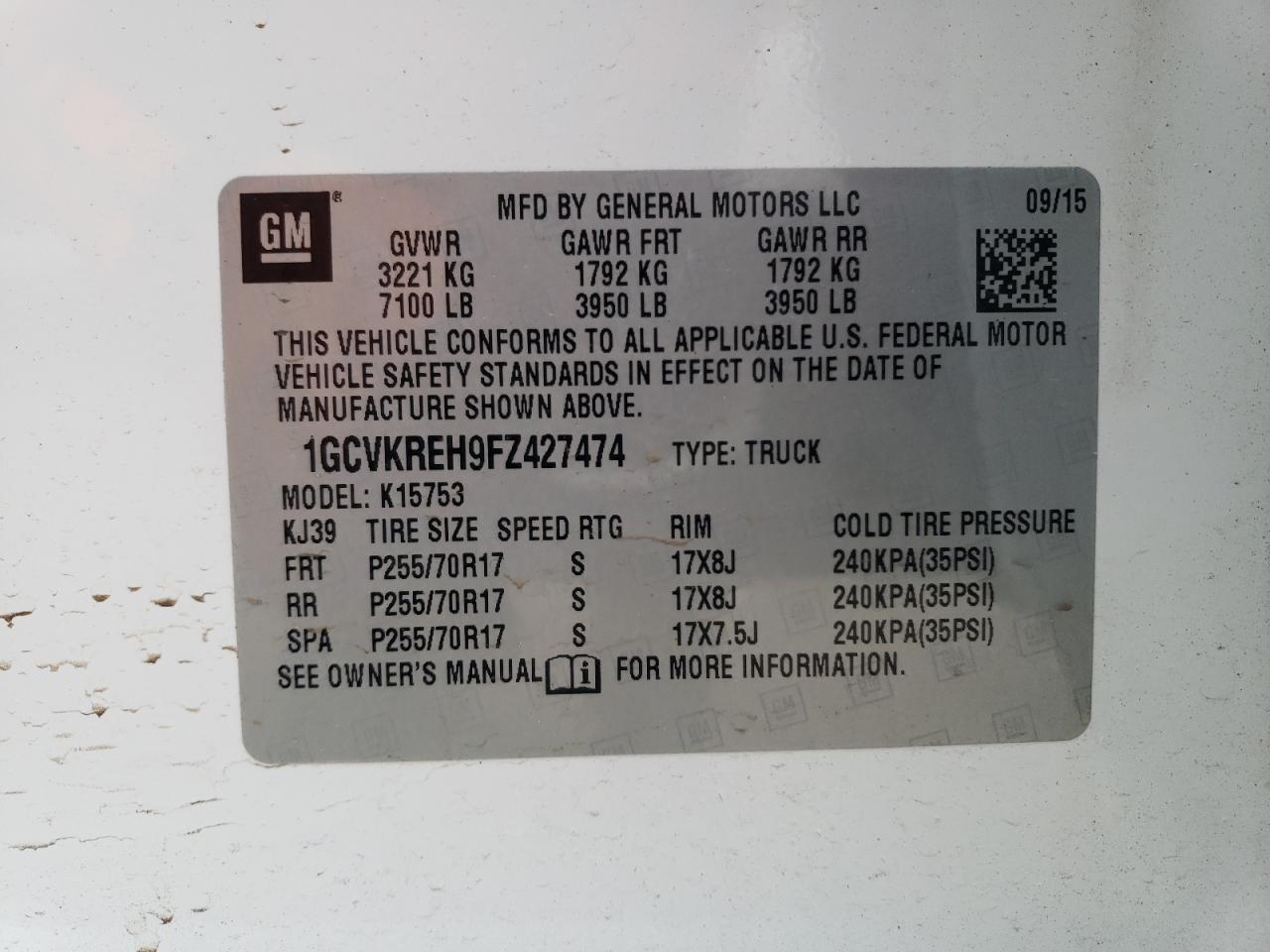 VIN 1GCVKREH9FZ427474 2015 CHEVROLET ALL Models no.12