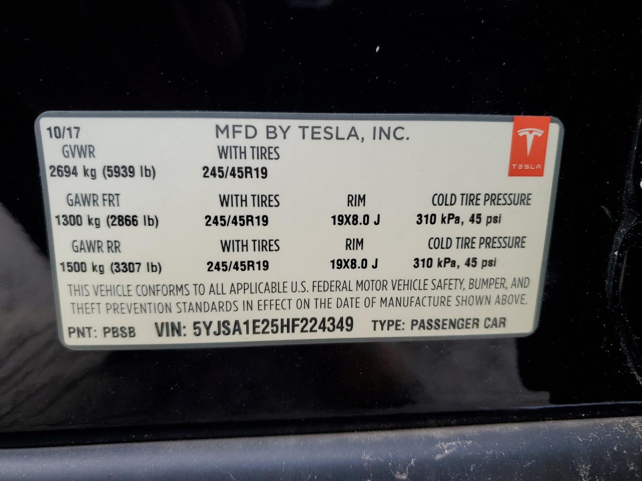 2017 Tesla Model S VIN: 5YJSA1E25HF224349 Lot: 83434104