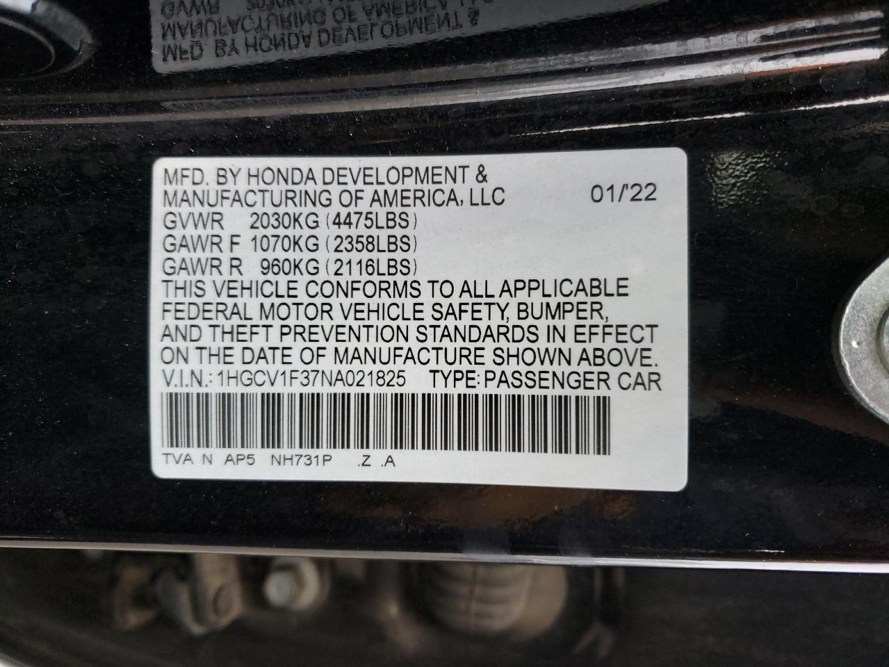 VIN 1HGCV1F37NA021825 2022 HONDA ACCORD no.13