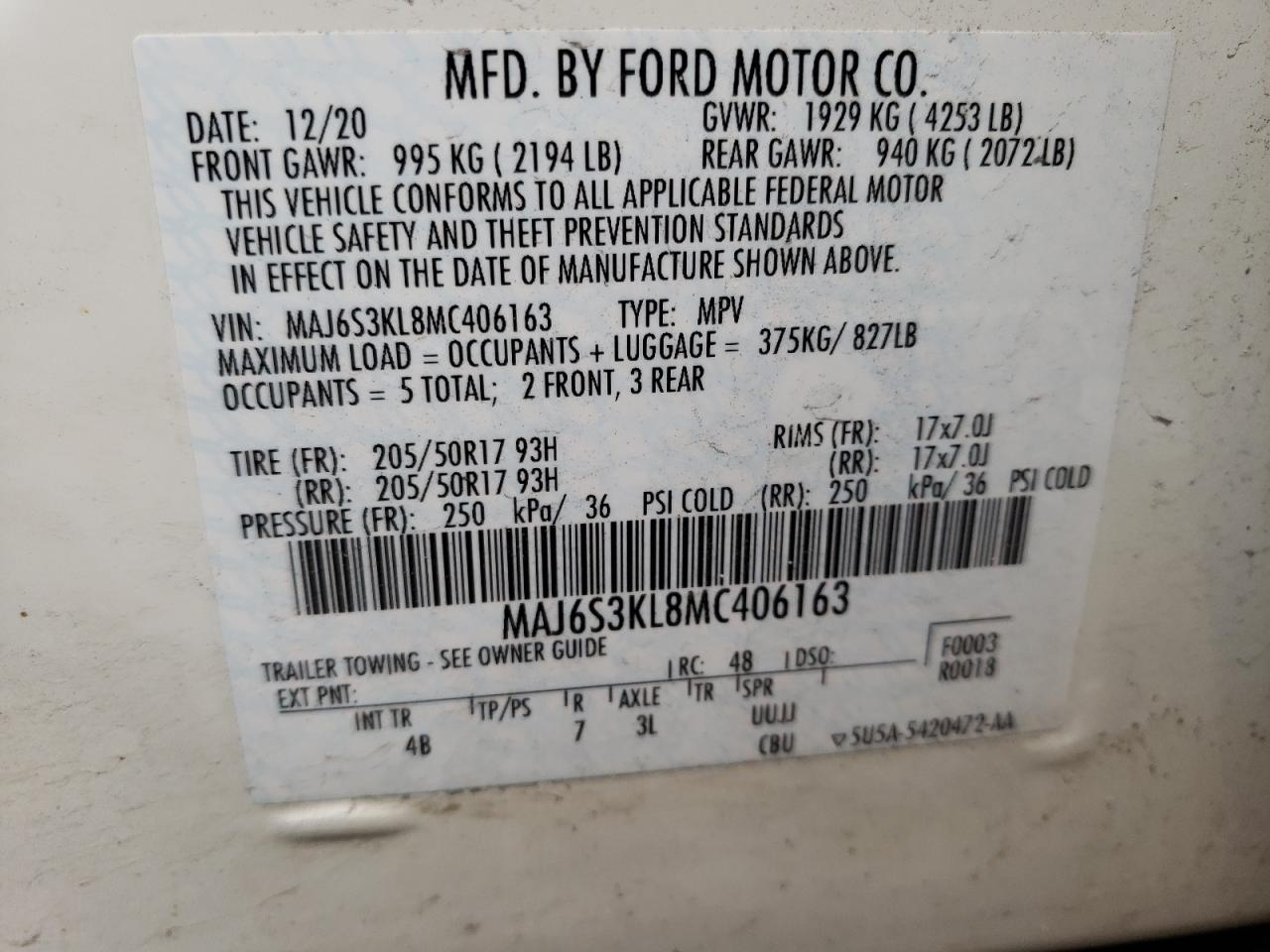 VIN MAJ6S3KL8MC406163 2021 FORD ECOSPORT no.13