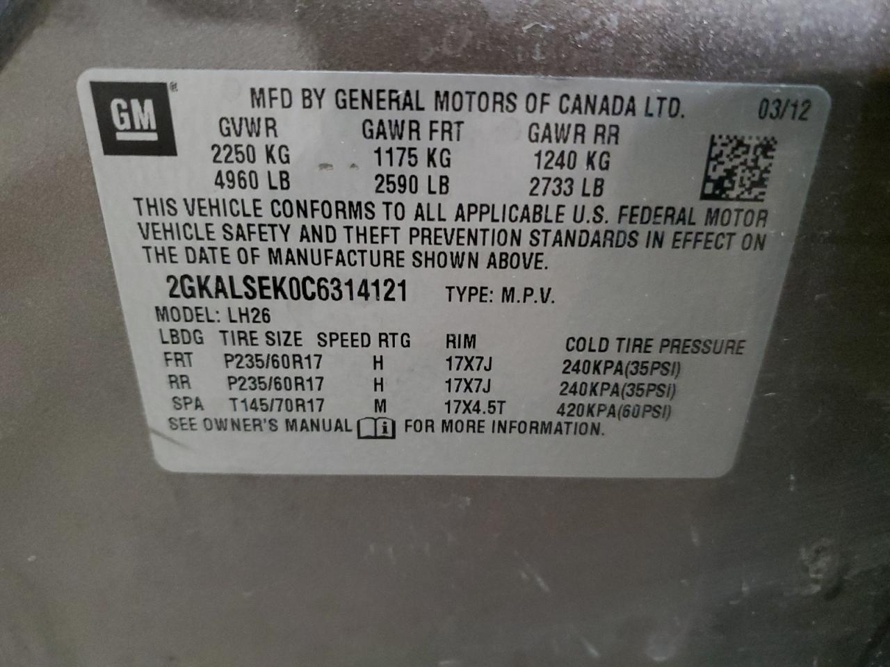 2012 GMC Terrain Sle VIN: 2GKALSEK0C6314121 Lot: 82582464