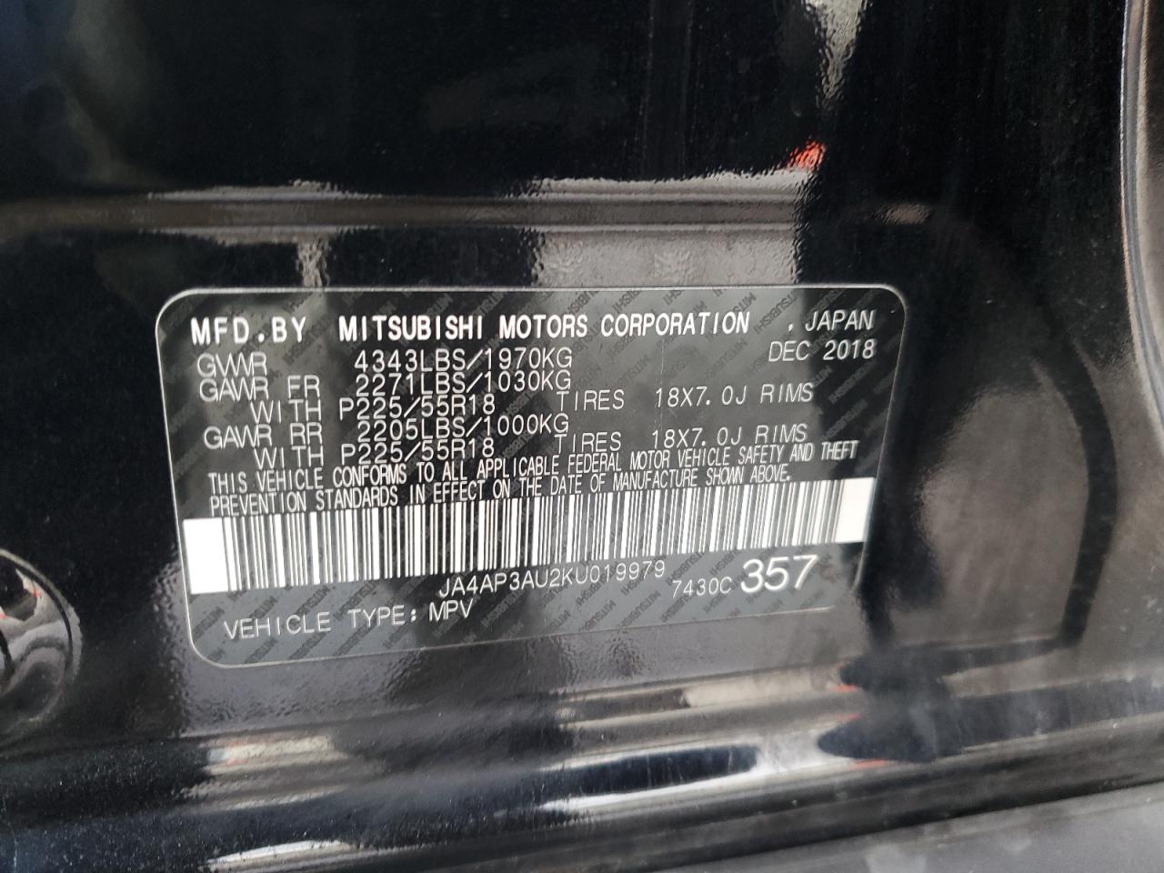 2019 Mitsubishi Outlander Sport Es VIN: JA4AP3AU2KU019979 Lot: 86046014