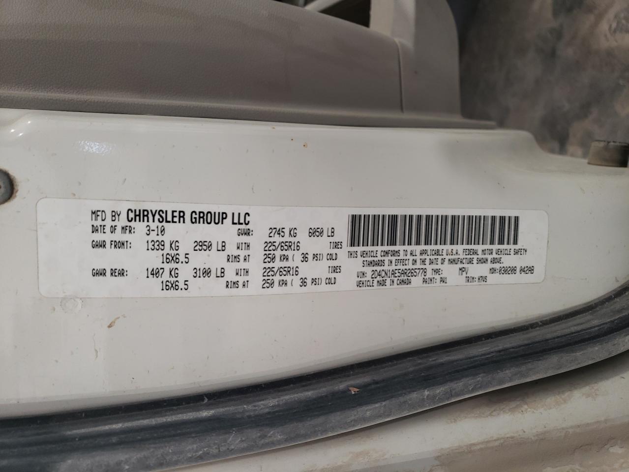 2010 Dodge Grand Caravan C/V VIN: 2D4CN1AE5AR265778 Lot: 85773554