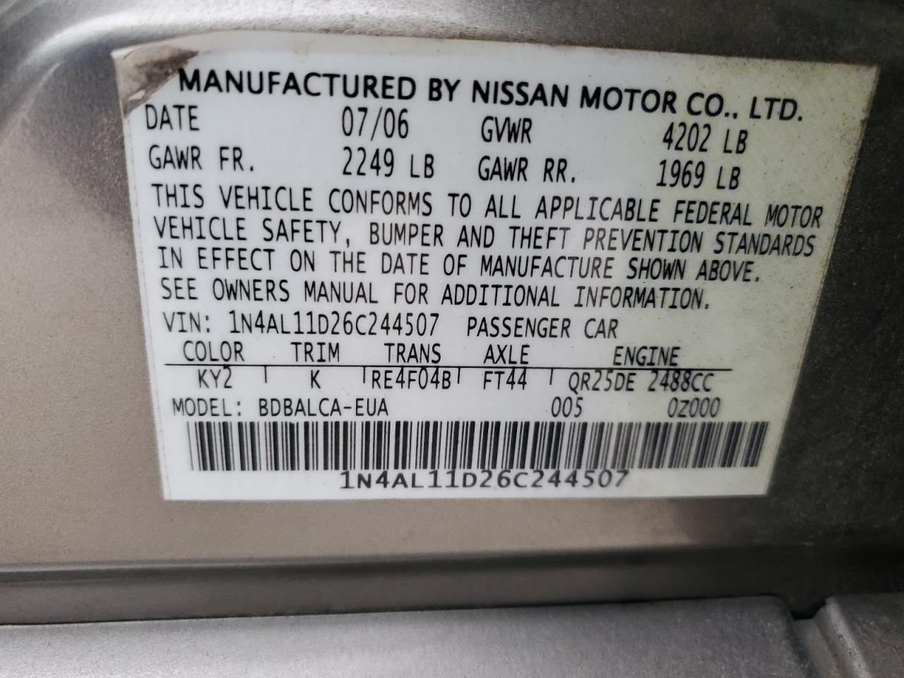 2006 Nissan Altima S VIN: 1N4AL11D26C244507 Lot: 96879975