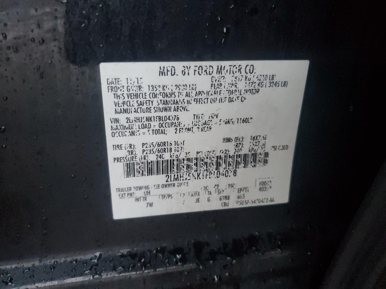 2015 Lincoln Mkt VIN: 2LMHJ5NKIFBL04078 Lot: 86774444