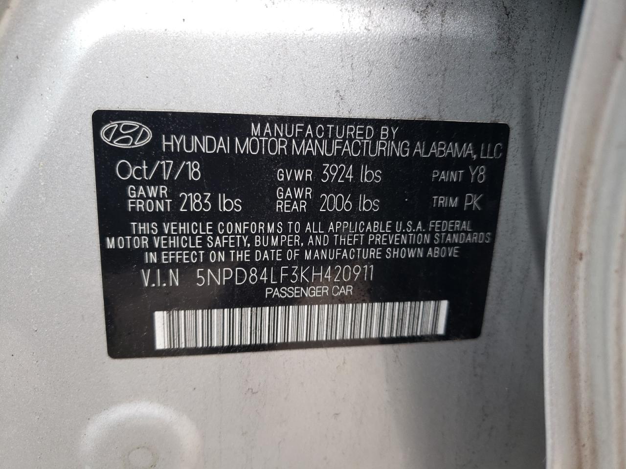 2019 Hyundai Elantra Sel VIN: 5NPD84LF3KH420911 Lot: 86809844