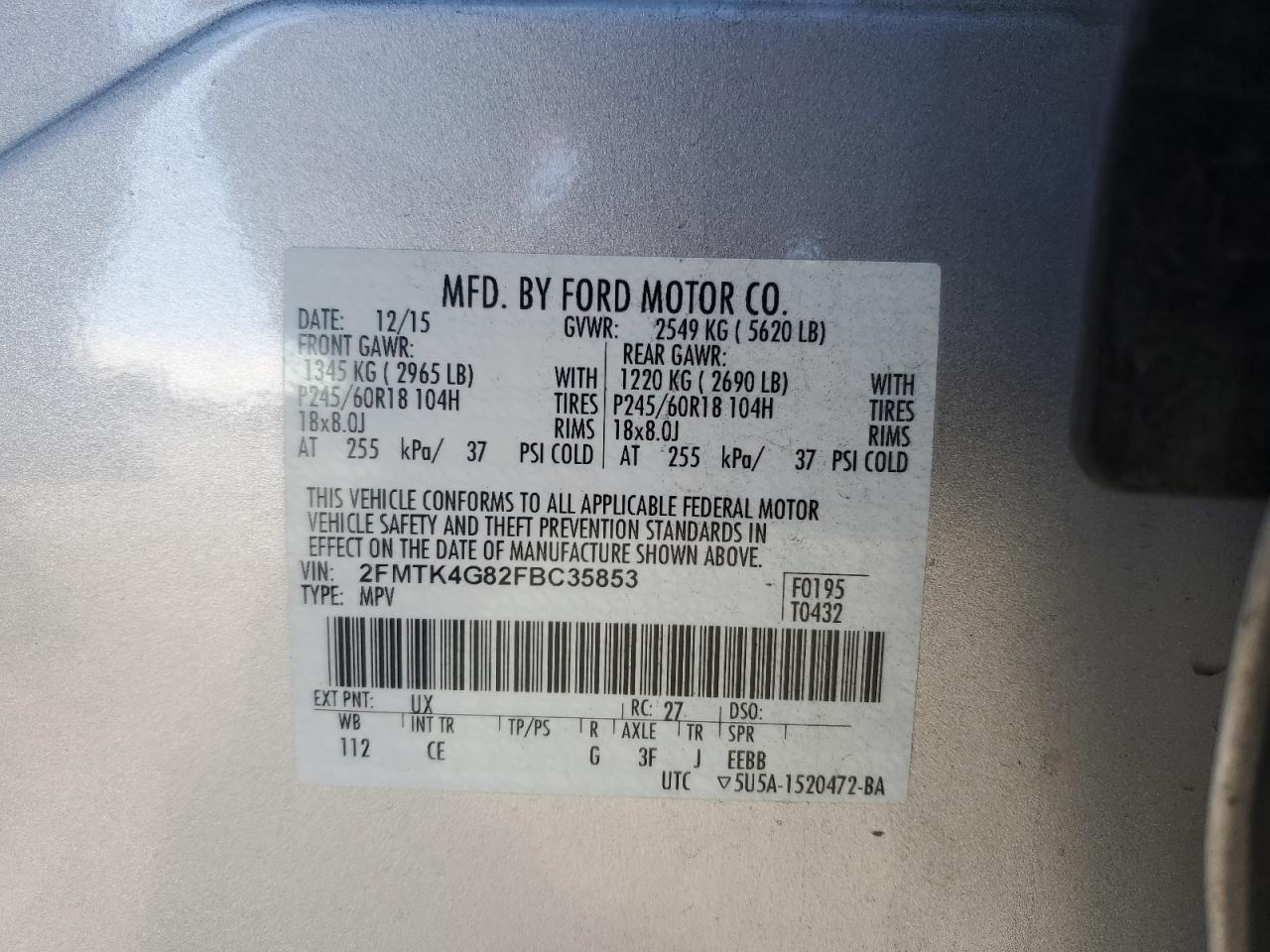 2015 Ford Edge Se VIN: 2FMTK4G82FBC35853 Lot: 85105384