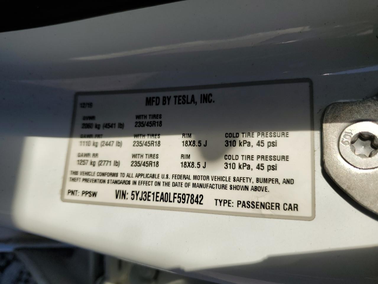 2020 Tesla Model 3 VIN: 5YJ3E1EA0LF597842 Lot: 62480115