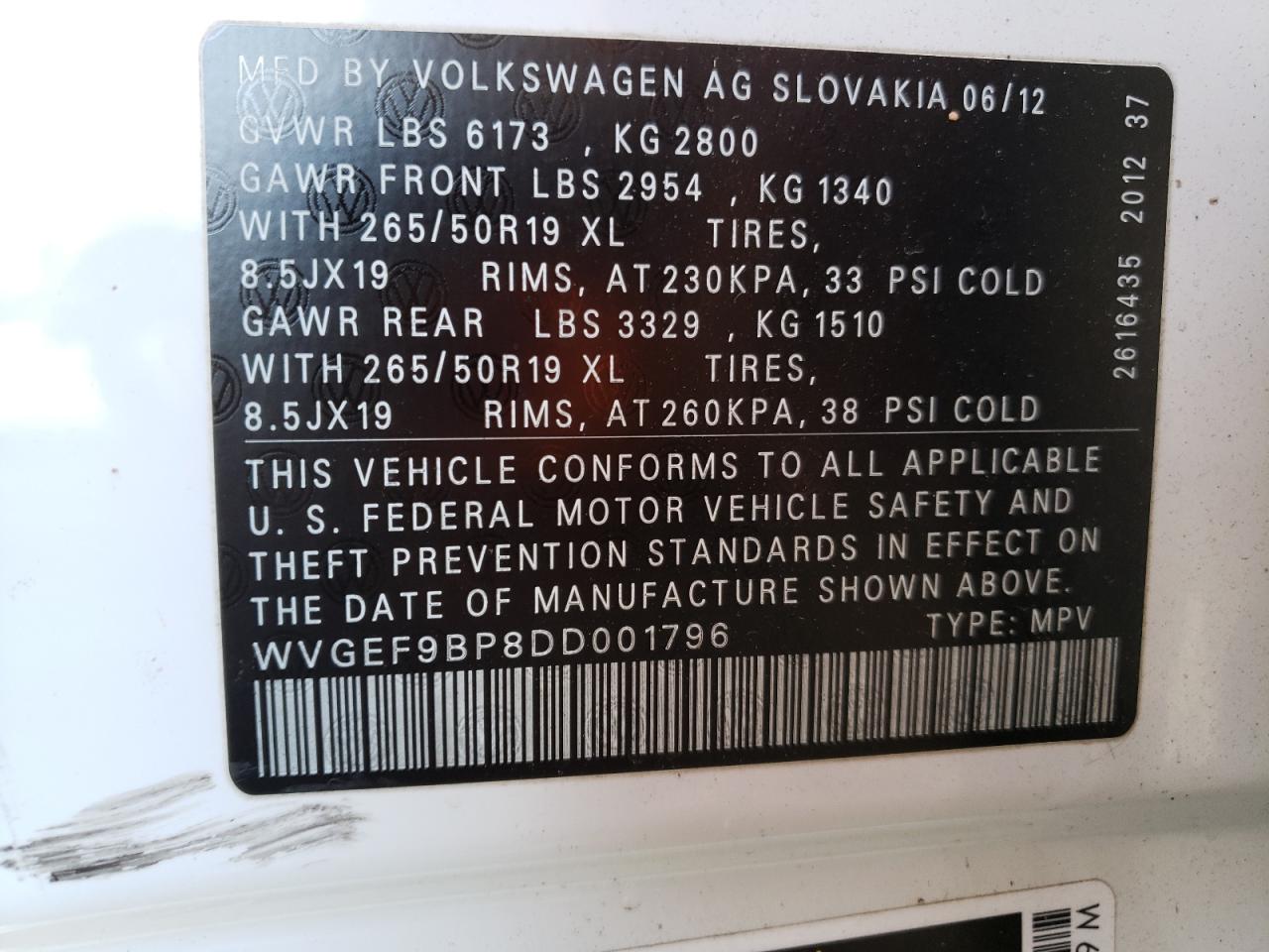 VIN WVGEF9BP8DD001796 2013 VOLKSWAGEN TOUAREG no.13