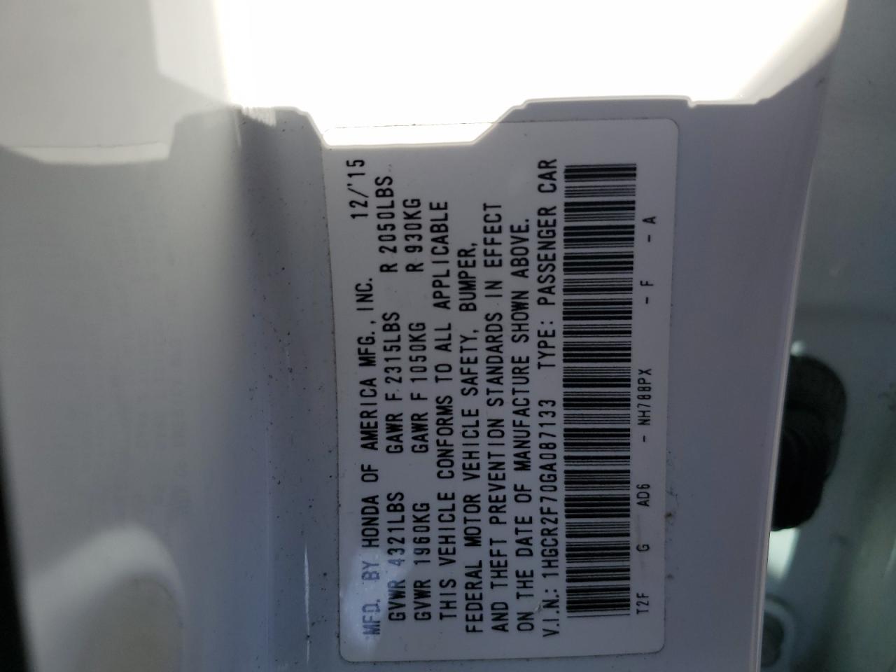 2016 Honda Accord Ex VIN: 1HGCR2F70GA087133 Lot: 84541815