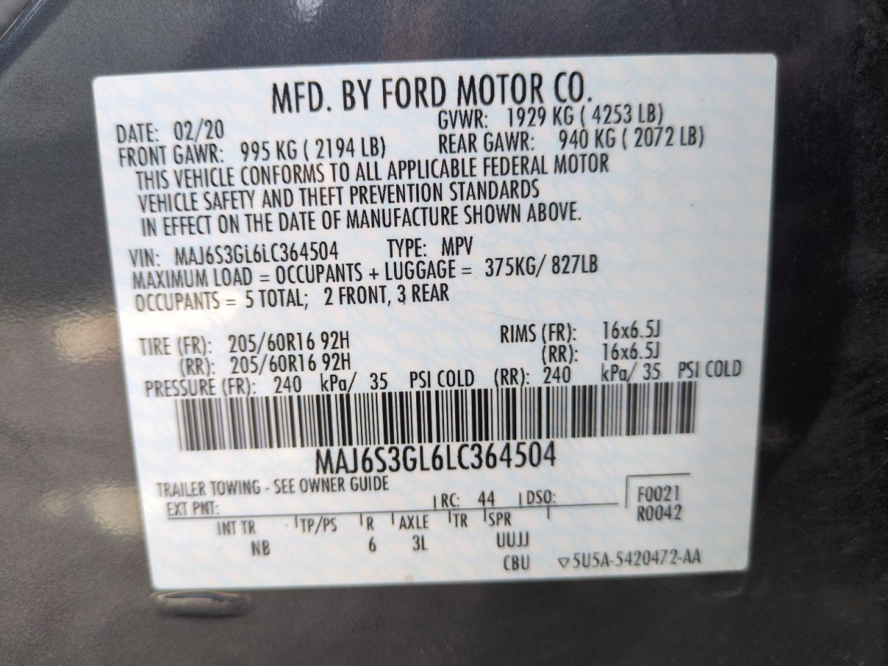 2020 Ford Ecosport Se VIN: MAJ6S3GL6LC364504 Lot: 82343704