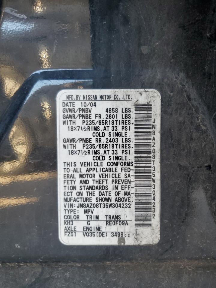 2005 Nissan Murano Sl VIN: JN8AZ08T35W304232 Lot: 84639004