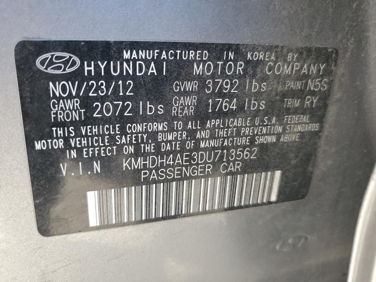 VIN KMHDH4AE3DU713562 2013 HYUNDAI ELANTRA no.13