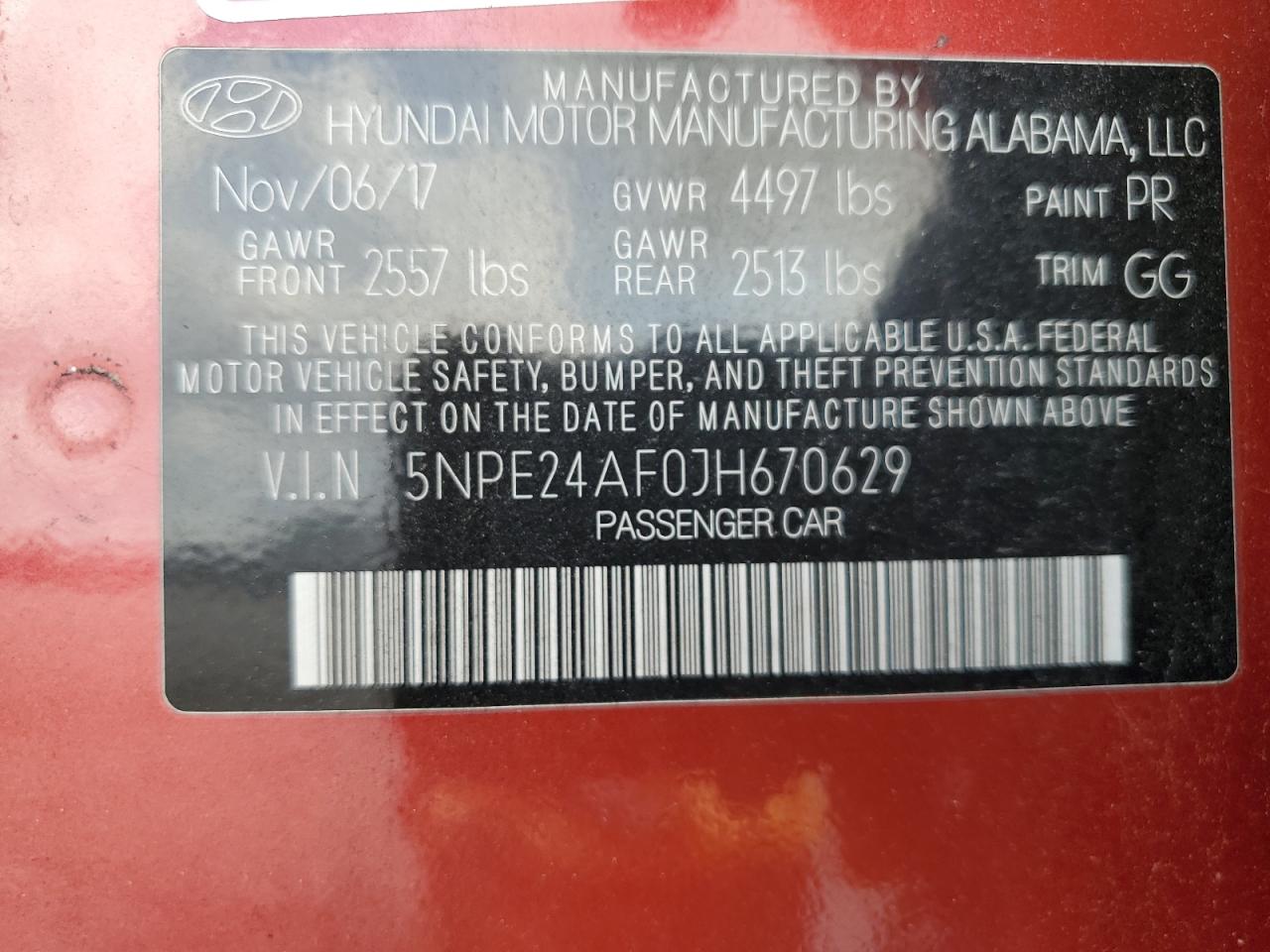 VIN 5NPE24AF0JH670629 2018 HYUNDAI SONATA no.12